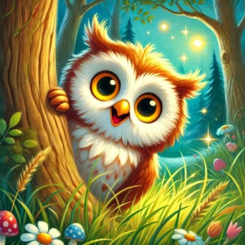 Wise Oliver the Owl peeking playfully from behind a tree in the Mindful Meadow, hinting at the Spot Oliver game from Daisy's story.