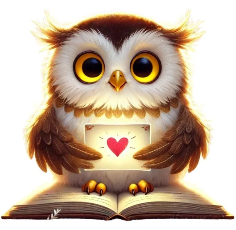 Illustration of Wise Oliver the Owl, a gentle and wise character, holding a card with a heart on it, sitting atop an open book. Oliver guides children through the Gratitude ABC Trail in Daisy the Deerβs Brave Thank You Place.