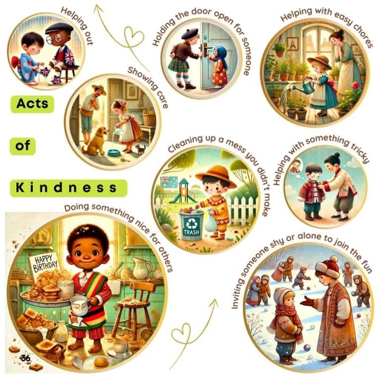 Illustrated acts of kindness for children, including helping out, showing care, holding the door, cleaning up, doing something nice for others, and inviting someone to join the fun. A diverse group of children practicing gratitude and kindness.