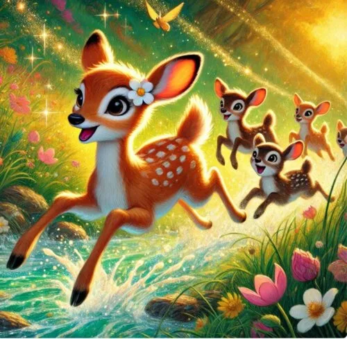 Daisy the Deer joyfully leaping across a sparkling stream with her friends, surrounded by glowing flowers and a magical forest backdrop.