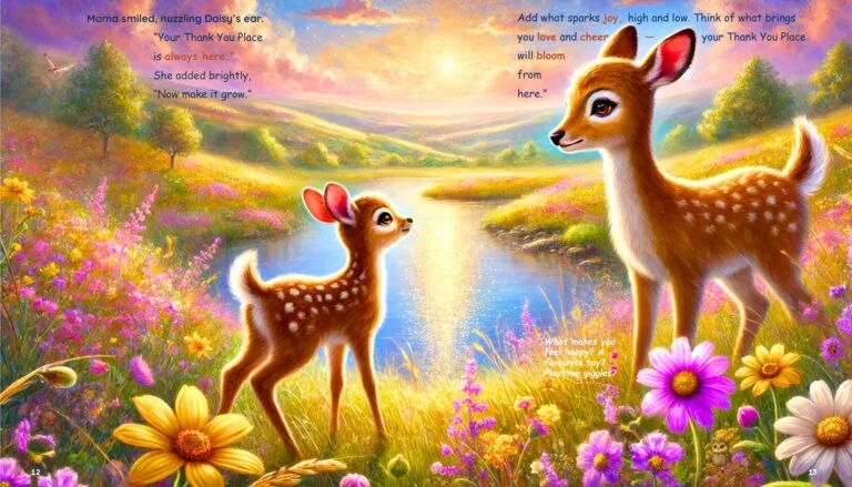 Double spread illustration of Mama Deer teaching Daisy the fawn about gratitude and building her Thank You Place. Set in a magical meadow with vibrant flowers, a golden stream, and glowing sunlight. A heartwarming moment of connection and mindfulness.