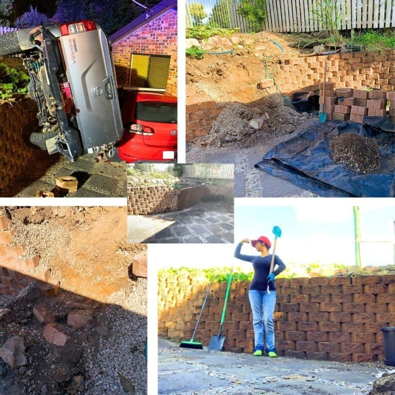 Varsha Paramaser repairing a damaged boundary wall after a utility vehicle accident, showcasing before, during, and after pictures of the rebuilding process, including heavy brickwork and final restoration.