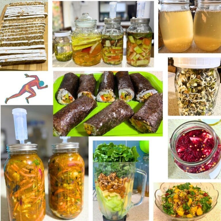 A collage of healthy fermented and plant-based foods, including tempeh, vegan sushi rolls, kimchi, water kefir, kvass, fermented pickles, sprouts, power smoothies, salads, and beetroot pickle.