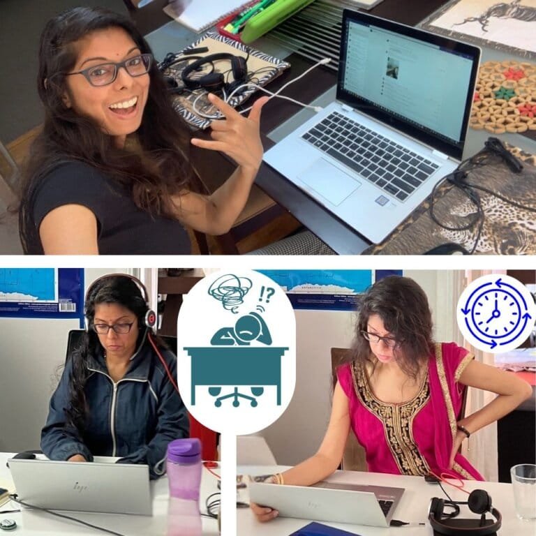 Collage of Varsha working through hearing loss challenges: smiling while working on her laptop, replaying recorded meetings, and catching up on work, highlighting resilience and personal commitment in the face of physical disabilities.