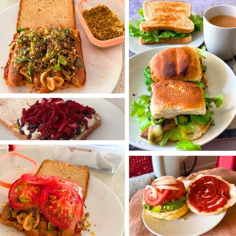A variety of homemade loaded sandwiches by Varsha Paramaser, featuring vegan and meat options with avocado, fermented beetroot, pickles, homemade vegan parmesan, hummus, fresh garden produce, and home-made breads.