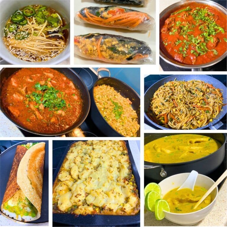 A collage of homemade dishes, including vegan pho, rice paper wraps, pad thai, dumplings with laksa, shepherd's pie, savory rice, dosa, fish curry, and lamb kebabs.