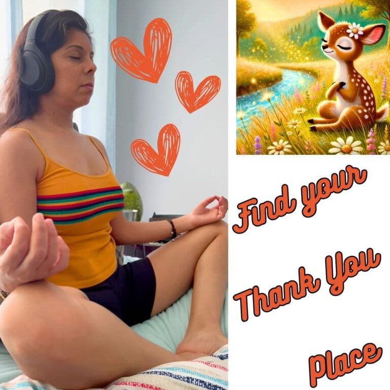 Varsha Paramaser meditating in a serene pose with orange bubble hearts, paired with an illustration of Daisy the Deer from her book. A visual representation of finding peace and creativity through mindfulness.