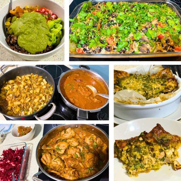 A collage of healthy oil-free meals, including vegan poke bowl, Mexican black beans and rice casserole, mushroom and potato curry, beetroot salad, chicken and spinach quiche, lamb chops chutney, and chicken curry.