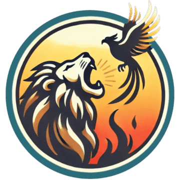 Logo for Rise Roar and Soar, featuring rising flames, a lion roaring fiercely, and a phoenix soaring upward, symbolizing empowerment, courage, and freedom. This visual encapsulates the essence of Varsha Paramaser's mindfulness platform.