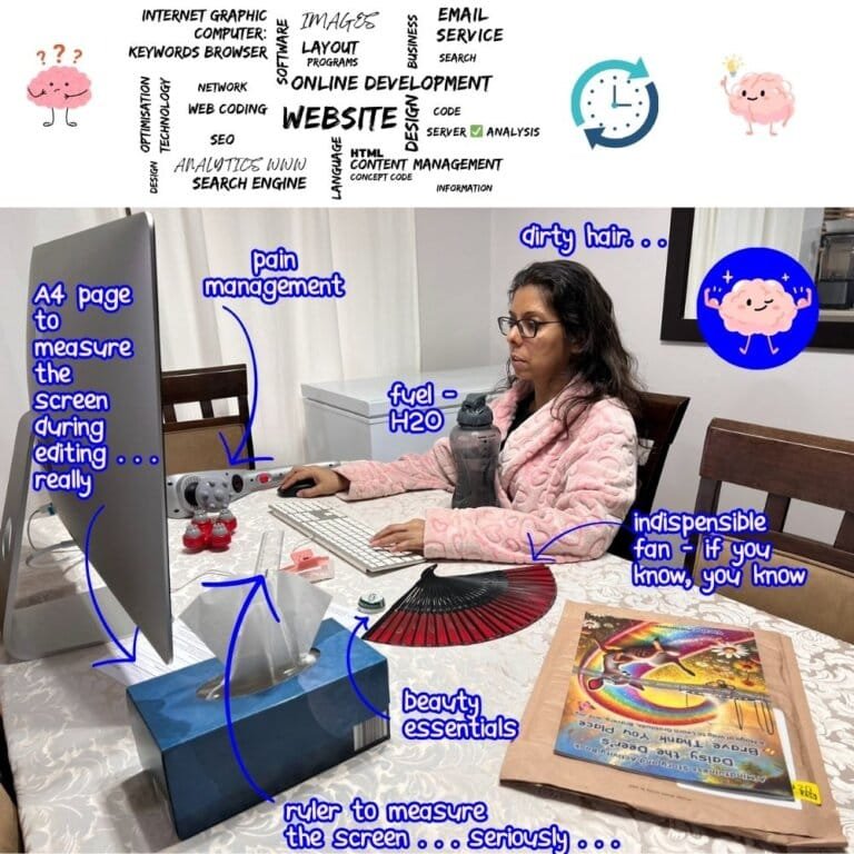 Varsha Paramaser sitting at her desk building her website, surrounded by humorous essentials like a fan, ruler, and water bottle. A humorous take on the dedication needed to grow and learn.