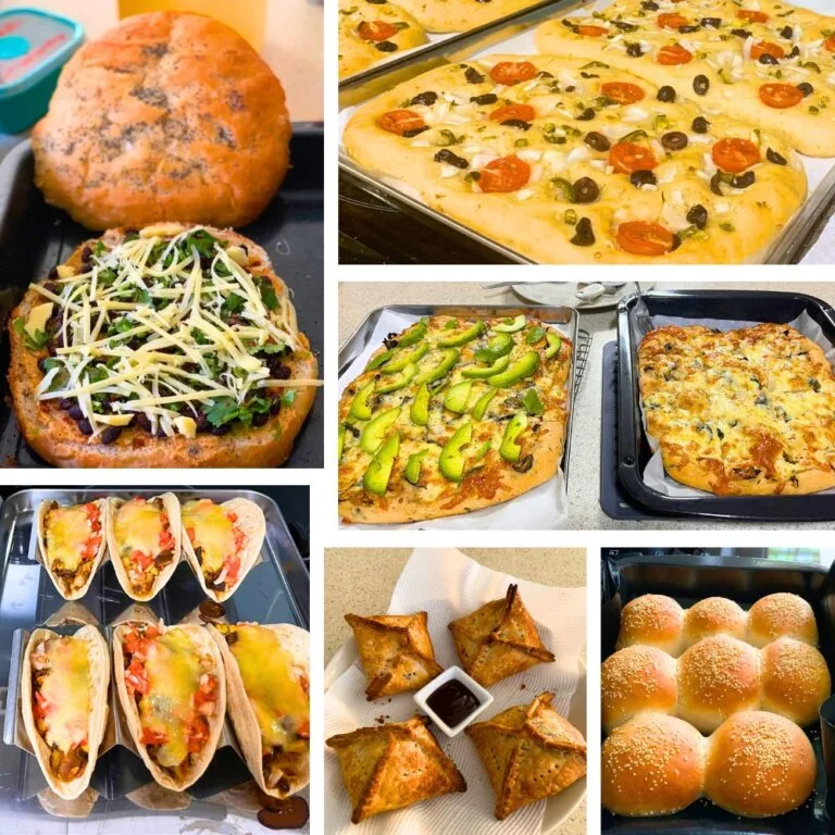 A collage of wholefood, plant-based foods, including focaccia, South African naan bread, hamburger buns, vegetarian pizza, tacos, and pastries, showcasing wholesome and creative cooking.