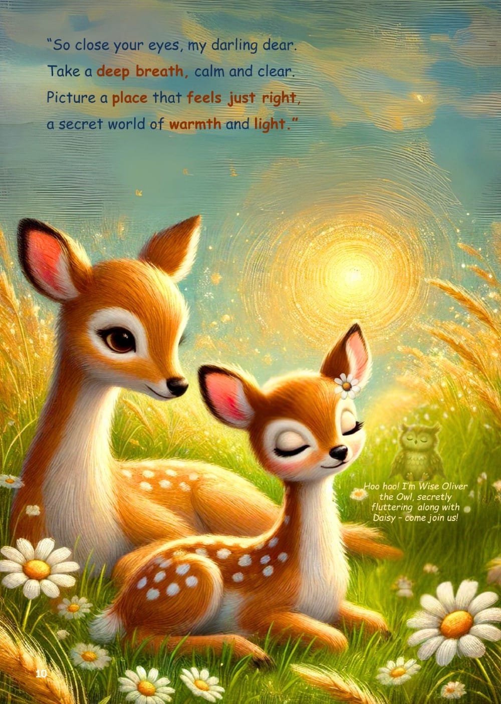A calming illustration featuring Daisy with her eyes closed, learning to imagine her Thank You Place. Wise Oliver the Owl makes his appearance in the story as a secret viewer of Daisy's journey.