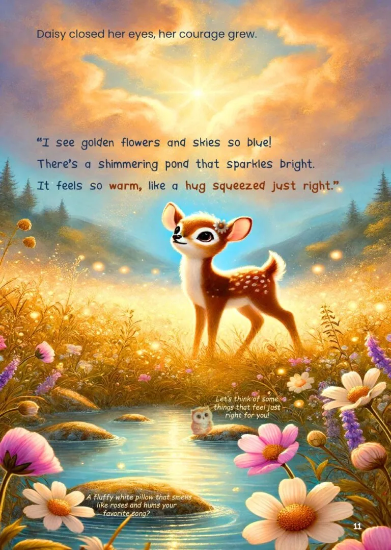 Daisy's Thank You Place is golden and cheerful, with a sparkling stream, flowers and stepping rocks over the stream.