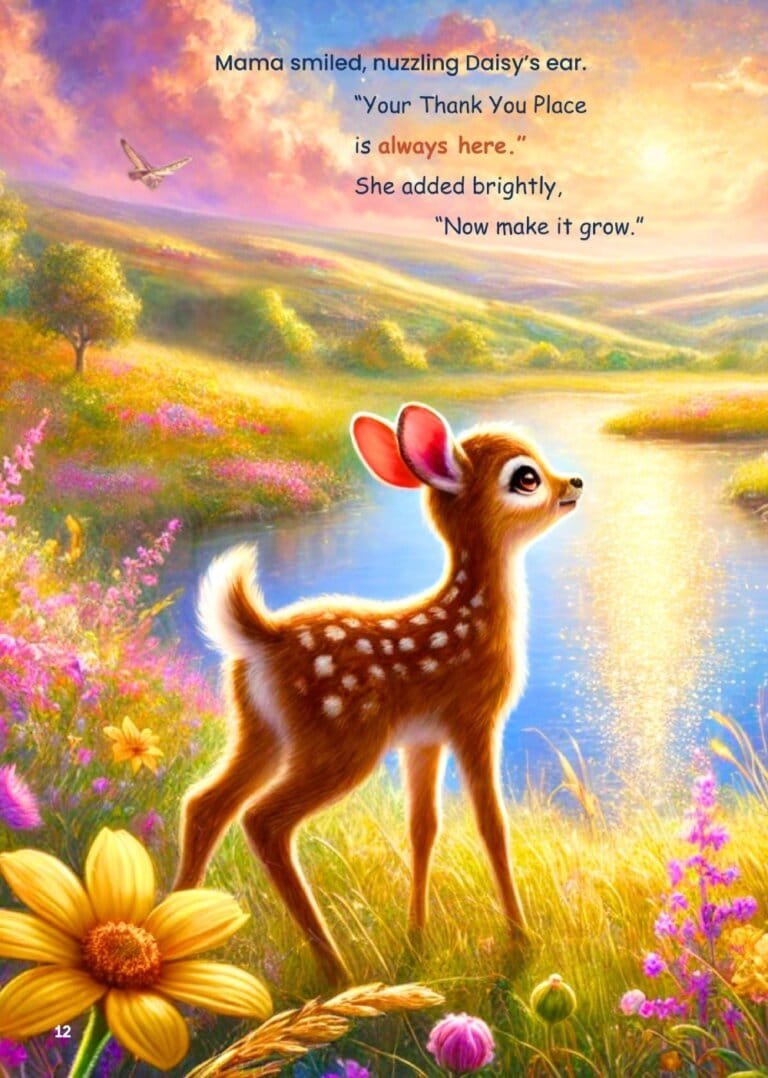 Half of a double spread view of Daisy and Mama, overlooking a beautiful meadow. There are bright purple flowers around, making the meadow look more beautiful.