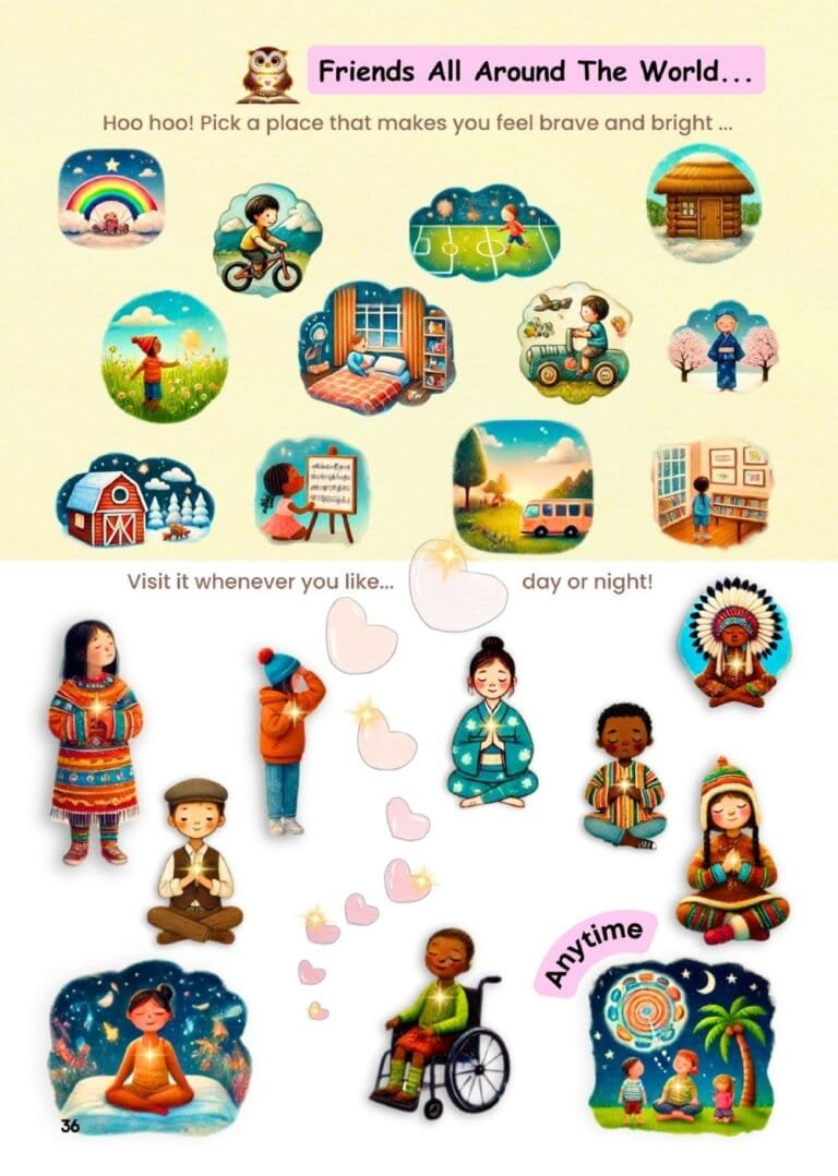 Page 36 of the Adventure Trail takes a trip around the world, showing the reader how friends from other countries are also building their Thank You Places, and what they look like.