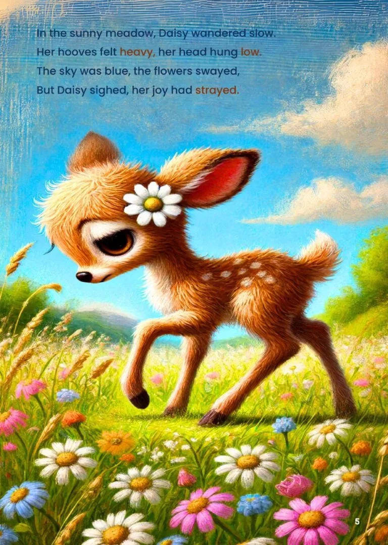 The story opens up depicting Daisy in a bright and sunny meadow, but her head hangs low and she clearly looks despondent.