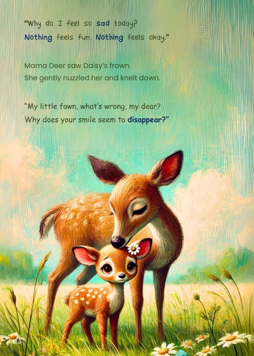 A beautiful illustration of Daisy standing beneath Mama Deer, explaining that she can't explain her big feelings.