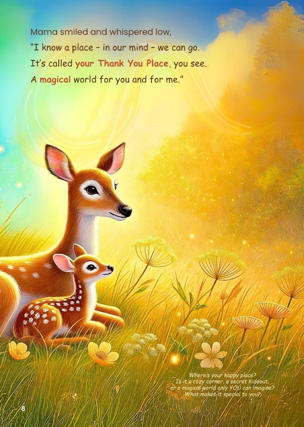 Mama Deer describes the concept of a Thank You Place. She and Daisy are sitting in a beatifully bright meadow, illuminated by the beginnings of Mama's own Thank You Place from her imagination.