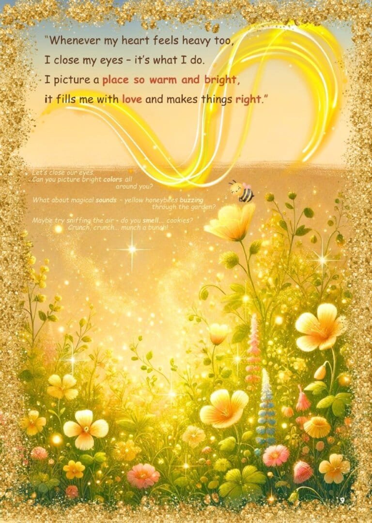 Mama describes when she uses her Thank You Place. The illustration shows a bright, golden meadow filled with beautiful flowers, sparkling in the sunshine. Interactive prompts overlay the image to invite children to start exploring visualization and imaginative play.