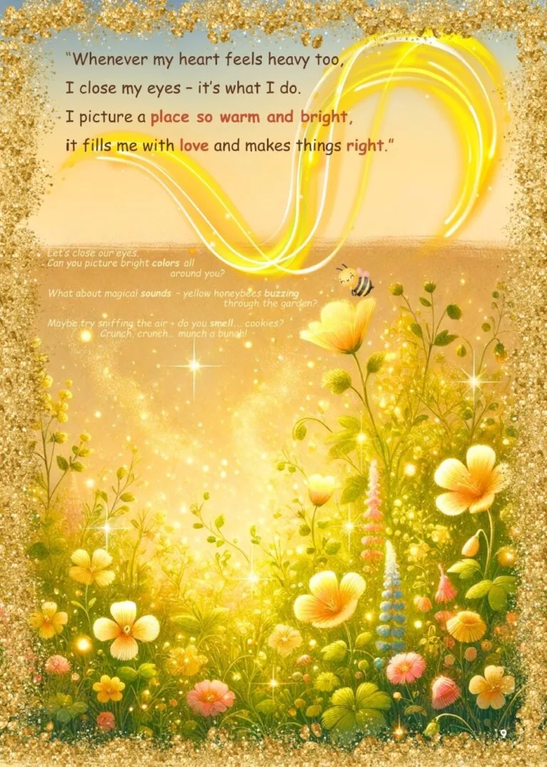 Mama describes when she uses her Thank You Place. The illustration shows a bright, golden meadow filled with beautiful flowers, sparkling in the sunshine. Interactive prompts overlay the image to invite children to start exploring visualization and imaginative play.