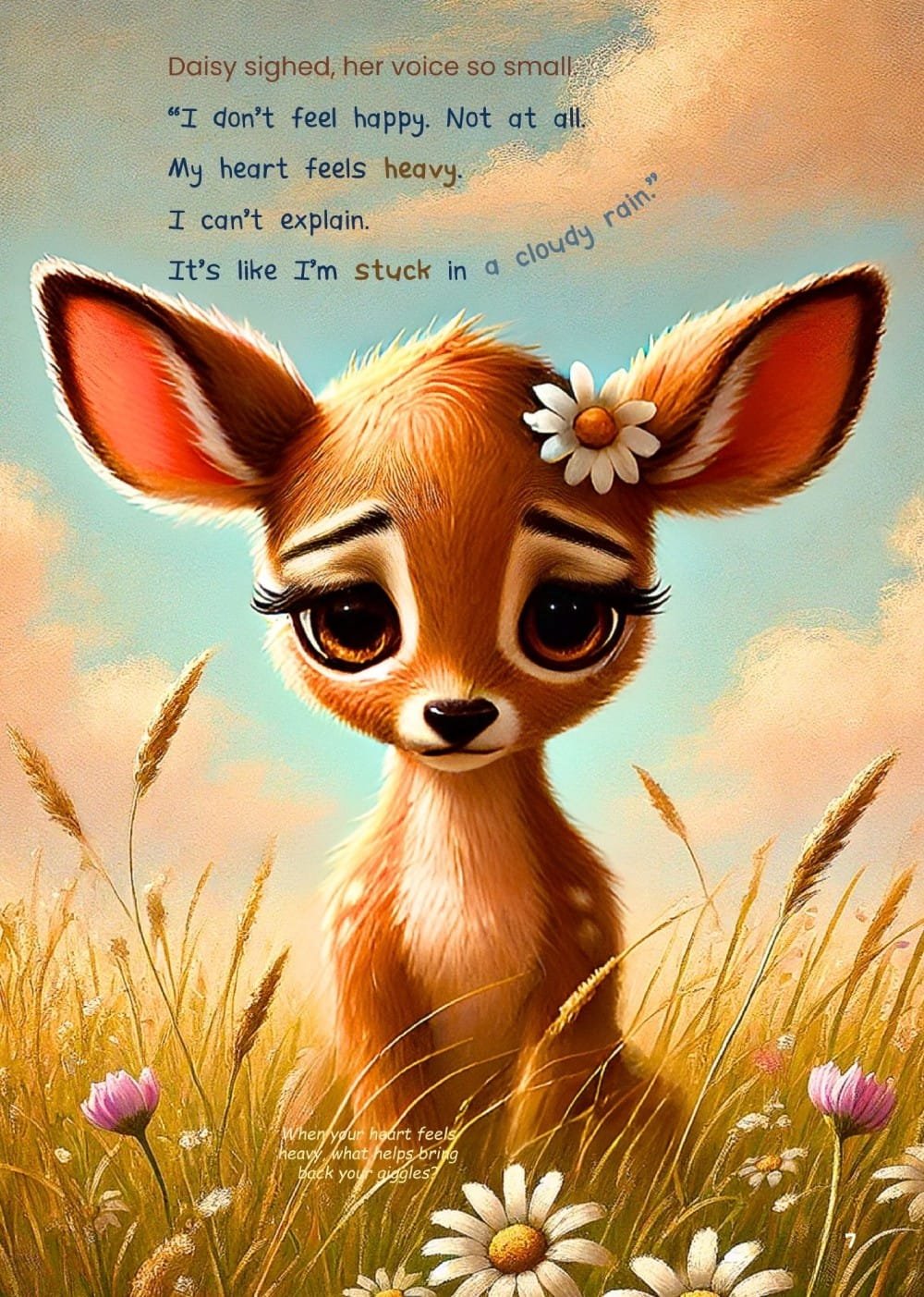 A young fawn named Daisy sits in a serene meadow, her expression showing sadness and heaviness, reflecting the start of her emotional journey in Daisy the Deer’s Brave Thank You Place.