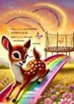A playful illustration of Daisy the Deer sliding down a rainbow into a meadow filled with flowers, with a trampoline of stars in the background. A fun and imaginative scene from the book Daisy the Deer’s Brave Thank You Place.