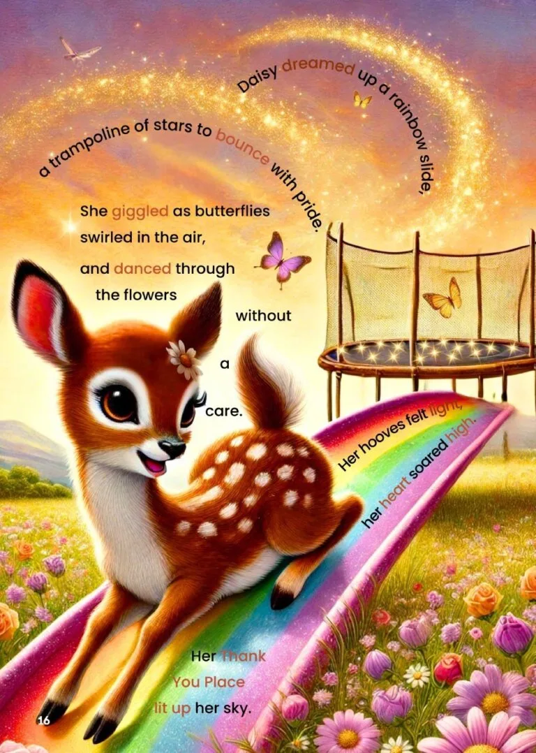 A playful illustration of Daisy the Deer sliding down a rainbow into a meadow filled with flowers, with a trampoline of stars in the background. A fun and imaginative scene from the book Daisy the Deer’s Brave Thank You Place.