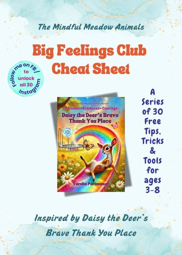 Cover for the free Big Feelings Club Cheat Sheet. Featuring the front cover of Daisy the Deer's Brave Thank You Place Bundled book.
