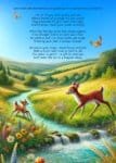 Dedication to the writer's parents, and to all the readers young and younger. Overlaid on an illustration featuring a beautiful and serence stream, with Daisy and Mama Deer on either side of the water.