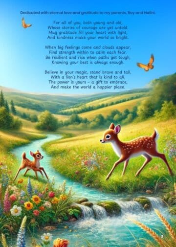 Dedication to the writer's parents, and to all the readers young and younger. Overlaid on an illustration featuring a beautiful and serence stream, with Daisy and Mama Deer on either side of the water.