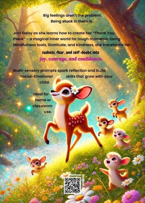 Back cover of Daisy the Deerβs Brave Thank You Place, a mindfulness story and activity book, featuring Daisy and her animal friends in a serene meadow.