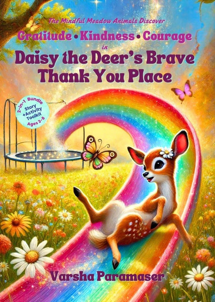 Cover of Daisy the Deer’s Brave Thank You Place, a mindfulness story and activity book for children, showing Daisy sliding on a rainbow in a vibrant meadow.