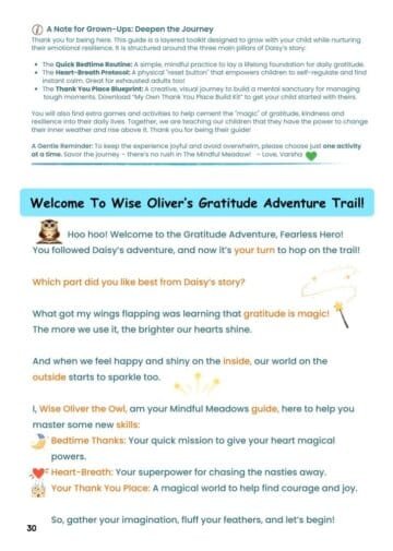 Page 30 marks the end of Daisy's story, and the beginning of Wise Oliver the Owl's Gratitude Adventure Trail.