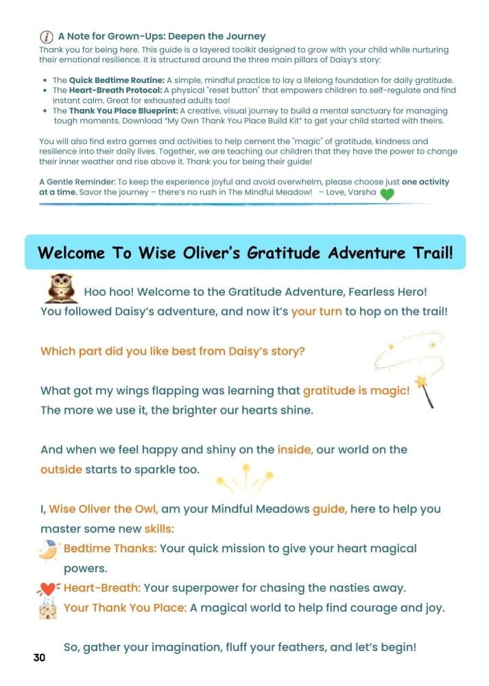 Page 30 marks the end of Daisy's story, and the beginning of Wise Oliver the Owl's Gratitude Adventure Trail.