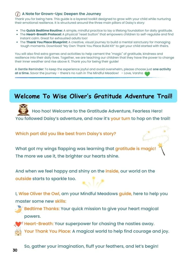 Page 30 marks the end of Daisy's story, and the beginning of Wise Oliver the Owl's Gratitude Adventure Trail.
