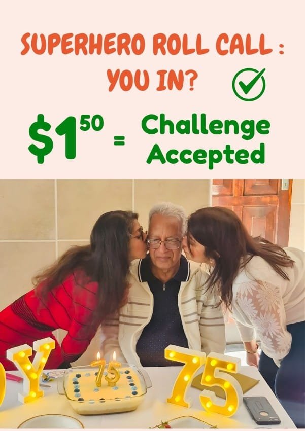 Papa Deer celebrating his 75th birthday with cheesecake, candles, and his two loving daughters on either side of him, about to kiss his cheeks.