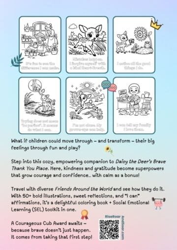 The back cover of Daisy the Deer & Friends Around the World Coloring Book shows a narrative describing the benefits of the coloring book. There are screenshots of 6 pages from the book, showing various Social-emotional Learning prompts to help children navigate big feelings and challenges in daily life.