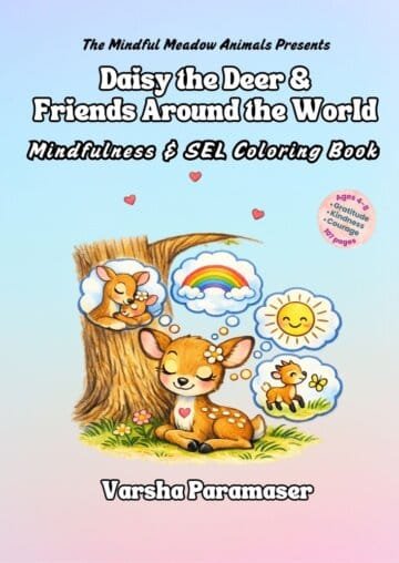 The front cover of Daisy the Deer & Friends Around the World Coloring Book shows Daisy relaxing under a tree. She is thinking of all the friends and happy past-times that makes her heart glow. She is building her Thank You Place with things that she is thankful for, that makes her heart feel cozy.