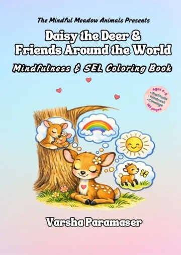 The front cover of Daisy the Deer & Friends Around the World Coloring Book shows Daisy relaxing under a tree. She is thinking of all the friends and happy past-times that makes her heart glow. She is building her Thank You Place with things that she is thankful for, that makes her heart feel cozy.