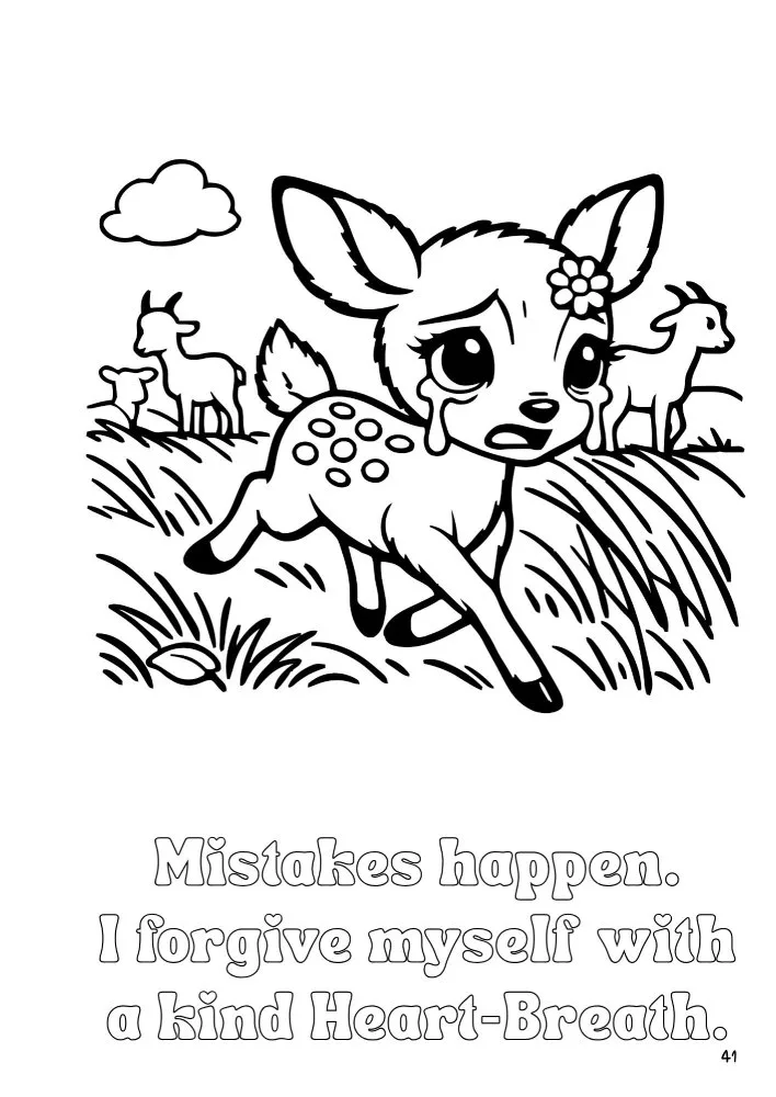 Page 41 of Daisy the Deer & Friends Around the World Coloring Book shows Daisy running away from her friends, tears streaming down her eyes.