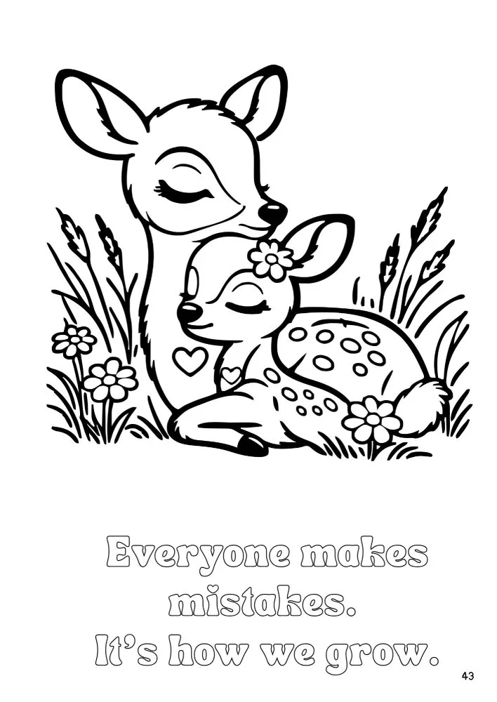 Page 43 of Daisy the Deer & Friends Around the World Coloring Book shows Mama Deer offering comfort to Daisy the Deer, in a warm, loving embrace.