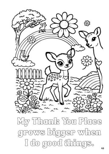 Page 49 of Daisy the Deer & Friends Around the World Coloring Book shows a Daisy looking around her brand new Thank You Place, while her Mama Deer and friends gaze lovingly at her.