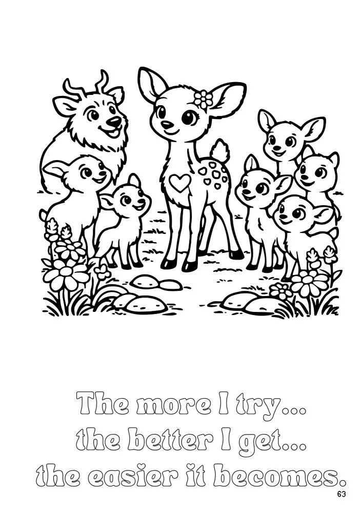 Page 63 of Daisy the Deer & Friends Around the World Coloring Book shows a very proud Daisy who succeeded in her challenge. Her friends look on in wonder and admiration.