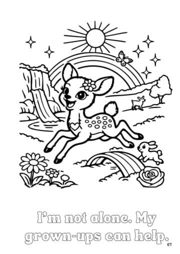 Page 67 of Daisy the Deer & Friends Around the World Coloring Book shows Daisy frolicking in her Thank You Place, after triumphantly overcoming her fear of leaping.