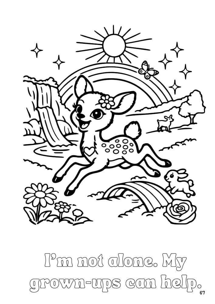 Page 67 of Daisy the Deer & Friends Around the World Coloring Book shows Daisy frolicking in her Thank You Place, after triumphantly overcoming her fear of leaping.