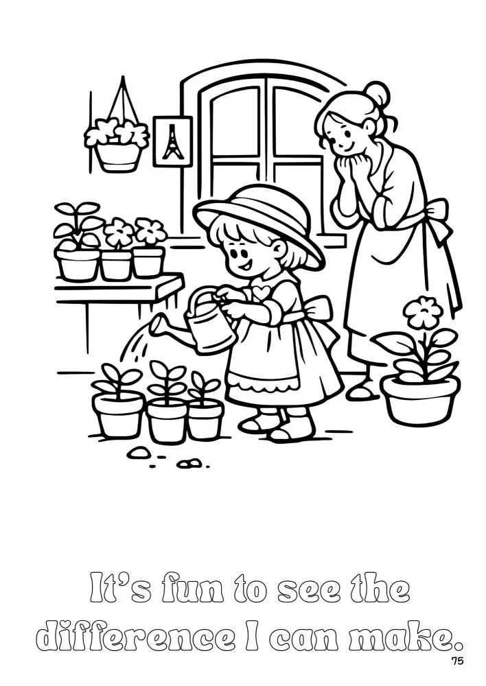 Page 75 of Daisy the Deer & Friends Around the World Coloring Book shows a young French girl watering pot plants, while her mother looks on with love and appreciation.
