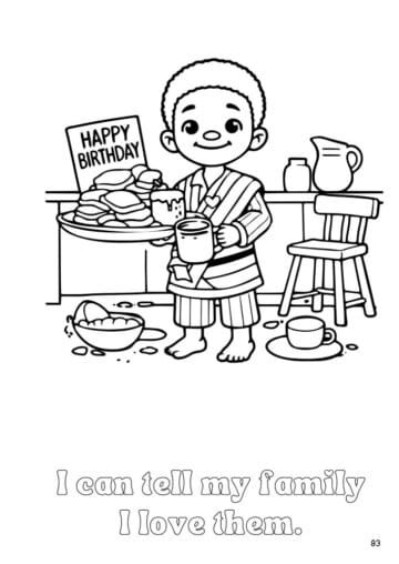 Page 93 of Daisy the Deer & Friends Around the World Coloring Book shows a young Zimbabwean boy in a messy kitchen, with a tray of pancakes and tea. He is giving a Happy Birthday breakfast to someone in his family.