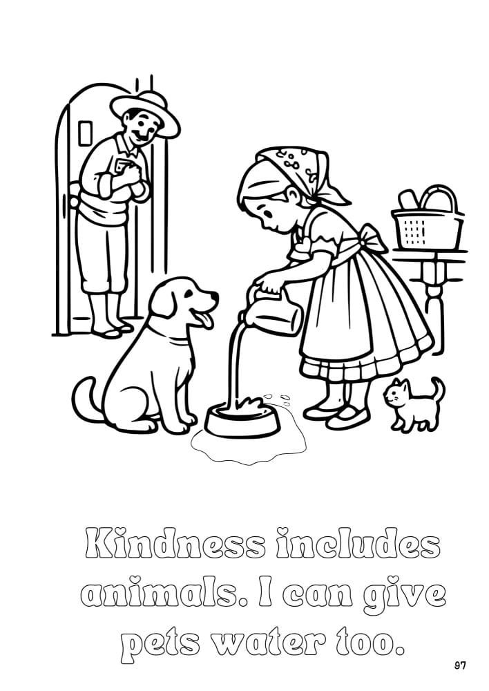 Page 97 of Daisy the Deer & Friends Around the World Coloring Book shows a young Mexican girl pouring water for her pets as an act of kindness. Her father looks on with love and awe.