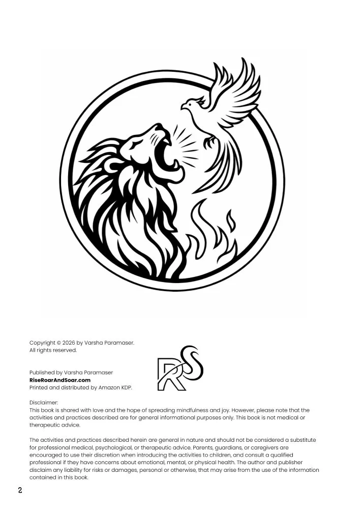 Copyright page of the book Daisy the Deer & Friends Around the World Coloring Book shows the Rise, Roar, and Soar brand logo and favicon, together with copyright disclosure.