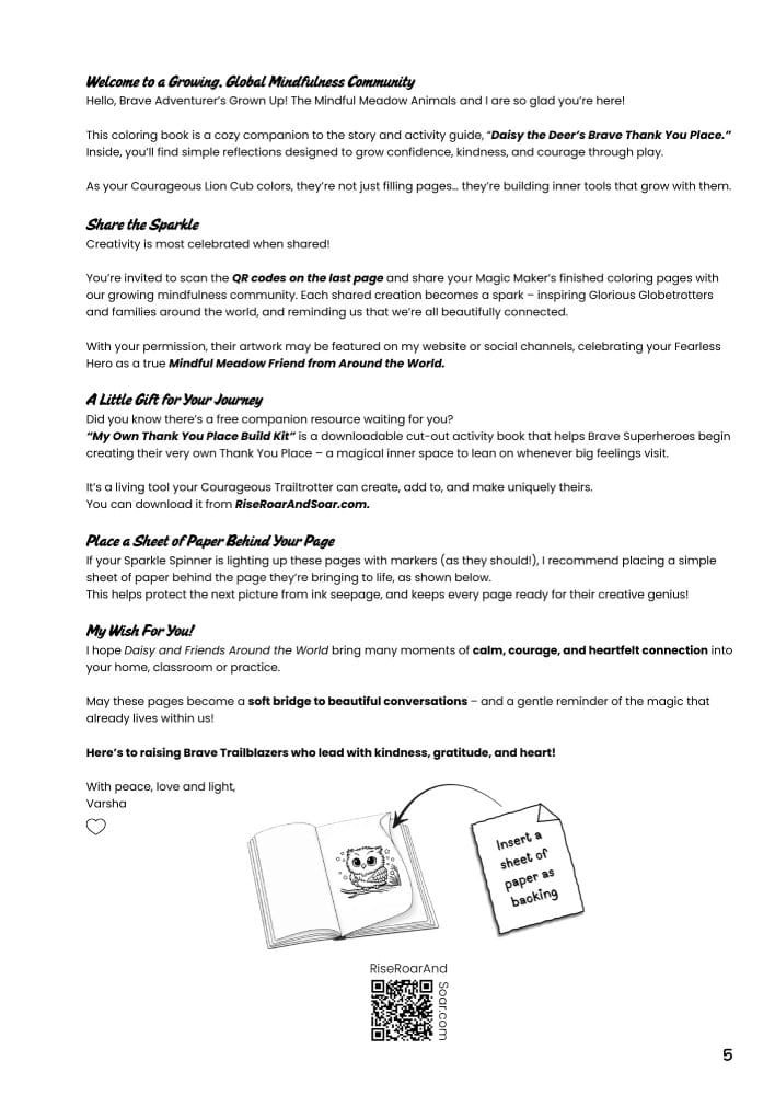 The instructions page of Daisy the Deer & Friends Around the World Coloring Book shows a warm welcome to the reader, with helpful information on how to best use the book to maximize it's benefit for the child. An important instruction is to use a backing sheet when coloring with markers or ink.